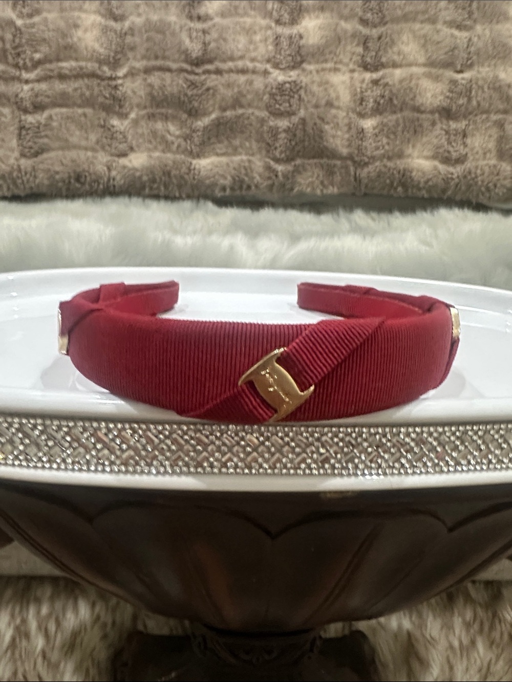 SALVATORE FERRAGAMO Red Grosgrain Knot Headband W/Gold FERRAGAMO embossed detail